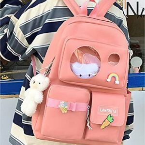 LaurelTree Kawaii Aesthetic Cute 5pcs School Bags Set with Accessories School Suppliers for Teens Girls Backpack Tote Bag (Pink)