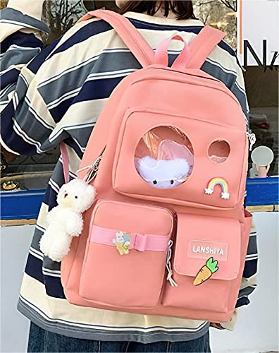 LaurelTree Kawaii Aesthetic Cute 5pcs School Bags Set with Accessories School Suppliers for Teens Girls Backpack Tote Bag (Pink)