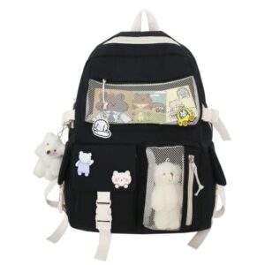rrrwei kawaii backpack with pins and plush bear pendant cute backpack solid color backpack aesthetic backpack for teen girls (black)