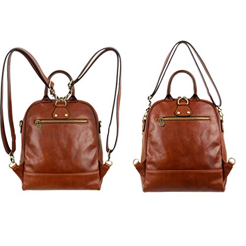 Time Resistance Leather Backpack Convertible to Shoulder Bag Full Grain Real Leather Travel Versatile Bag (Cognac)