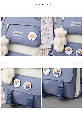 Aesthetic Backpack Set for Teens 5pcs for School Cute Kawaii Backpack with Pins and Plushies Cute Accessories (Blue)