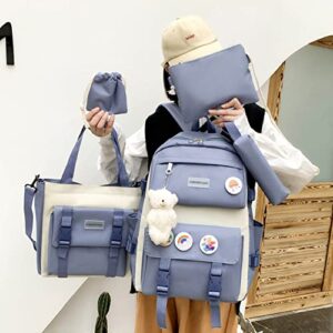 Aesthetic Backpack Set for Teens 5pcs for School Cute Kawaii Backpack with Pins and Plushies Cute Accessories (Blue)