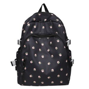 floral backpack with kawaii plush puppy pendant accessories cute multi-pockets aesthetic back to school bookbag laptop (black)