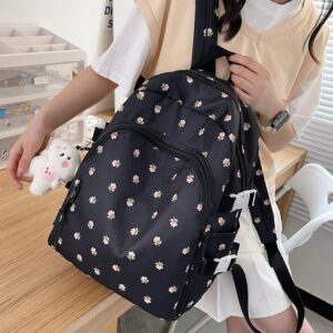 Floral Backpack with Kawaii Plush Puppy Pendant Accessories Cute Multi-Pockets Aesthetic Back to School Bookbag Laptop (Black)