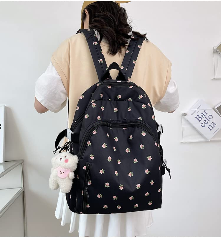 Floral Backpack with Kawaii Plush Puppy Pendant Accessories Cute Multi-Pockets Aesthetic Back to School Bookbag Laptop (Black)