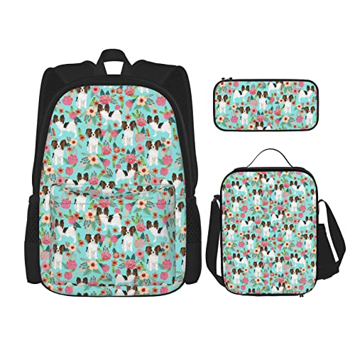 Cute Papillon Dogs Puppy Lovers Flower Floral Print Backpack Bag Set Aesthetic With Pencil Case And Lunch Bags School Bookbag For Teens Boys Girls Travel Picnic Animals Backpacks (3pcs) Dog Gifts