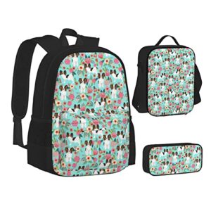 Cute Papillon Dogs Puppy Lovers Flower Floral Print Backpack Bag Set Aesthetic With Pencil Case And Lunch Bags School Bookbag For Teens Boys Girls Travel Picnic Animals Backpacks (3pcs) Dog Gifts