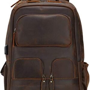 Masa Kawa Full Grain Leather 15.6” Laptop Backpack for Men Vintage Large Travel Rucksack Bag School Bookbag Daypack