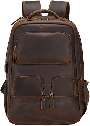 Masa Kawa Full Grain Leather 15.6” Laptop Backpack for Men Vintage Large Travel Rucksack Bag School Bookbag Daypack