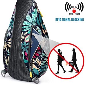 G4Free RFID Sling Bag Crossbody Backpack Casual Chest Shoulder Daypack Gym Bag for Hiking Travel 7L(Blue Leaf)