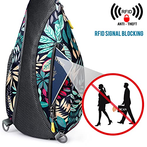 G4Free RFID Sling Bag Crossbody Backpack Casual Chest Shoulder Daypack Gym Bag for Hiking Travel 7L(Blue Leaf)