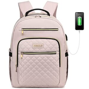 wiseild laptop backpack for women quilted travel backpack purse, work computer bags bookbag teacher back pack with usb port(15.6 inch nude pink)