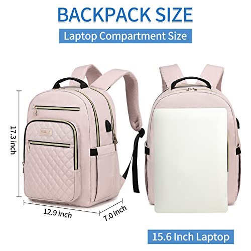 WISEILD Laptop Backpack for Women Quilted Travel Backpack Purse, Work Computer Bags Bookbag Teacher Back Pack with USB Port(15.6 Inch Nude Pink)