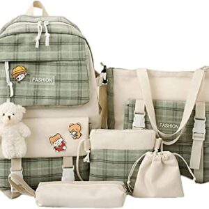 ZHHUIZ 5 Pcs Kawaii Backpack Set with Pins Plush Bear Pendant, Aesthetic Plaid Shoulder Bag School Bag Purse Back to School Supplies (Green), One Size