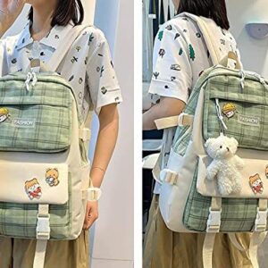 ZHHUIZ 5 Pcs Kawaii Backpack Set with Pins Plush Bear Pendant, Aesthetic Plaid Shoulder Bag School Bag Purse Back to School Supplies (Green), One Size