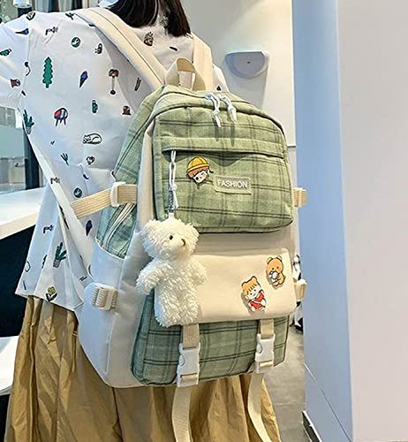 ZHHUIZ 5 Pcs Kawaii Backpack Set with Pins Plush Bear Pendant, Aesthetic Plaid Shoulder Bag School Bag Purse Back to School Supplies (Green), One Size