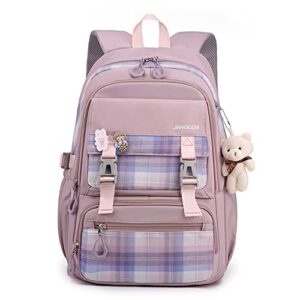 aesthetic backpack for school, cute girls preppy book bag, kawaii large capacity middle school plaid backpack for teenagers (purple)