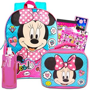 disney studio disney minnie mouse backpack with lunch box for girls – 5 pc bundle with large 16 minnie mouse bag, insulated lunch bag, stickers, and more (minnie school supplies)