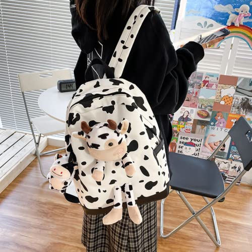 Kawaii fluffy plush fuzzy cute aesthetic cow backpack teenage school gift for birthday Christmas (white)