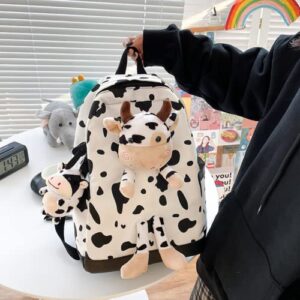 Kawaii fluffy plush fuzzy cute aesthetic cow backpack teenage school gift for birthday Christmas (white)