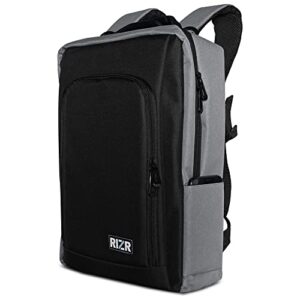 rizr commuter backpack with built-in removable laptop riser. premium slim-line designed computer bag for men and women. use for school or work. fits up to 15.6 inch notebooks. black and gray.