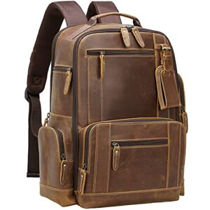 masa kawa vintage full grain leather 15.6″ laptop backpack for men large camping travel rucksack weekender daypack, brown