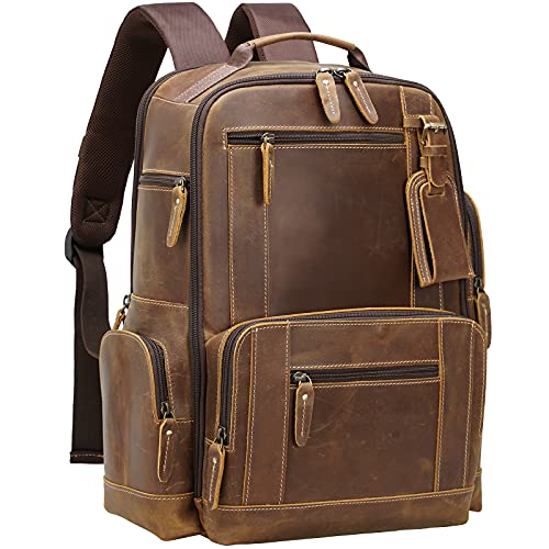 Masa Kawa Vintage Full Grain Leather 15.6" Laptop Backpack for Men Large Camping Travel Rucksack Weekender Daypack, Brown