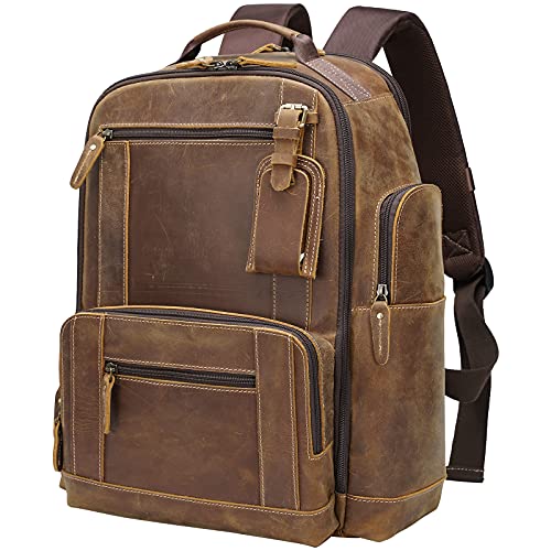 Masa Kawa Vintage Full Grain Leather 15.6" Laptop Backpack for Men Large Camping Travel Rucksack Weekender Daypack, Brown