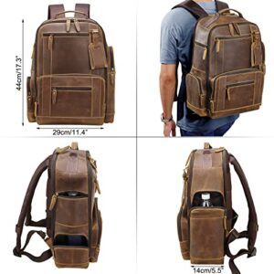 Masa Kawa Vintage Full Grain Leather 15.6" Laptop Backpack for Men Large Camping Travel Rucksack Weekender Daypack, Brown