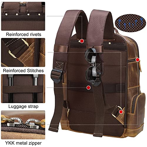 Masa Kawa Vintage Full Grain Leather 15.6" Laptop Backpack for Men Large Camping Travel Rucksack Weekender Daypack, Brown