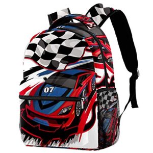 speeding racing car with checkered flag race track backpack students shoulder bags travel bag college school tote backpacks