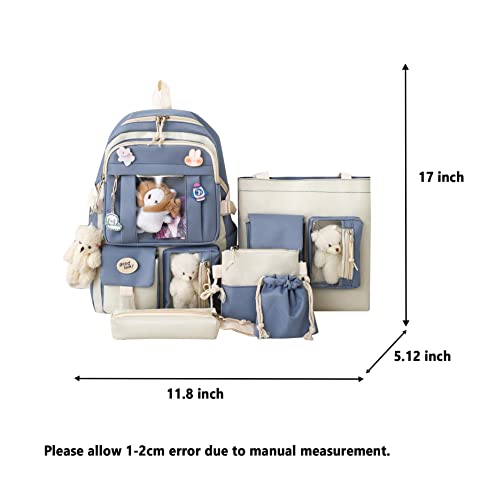 Kawaii Backpack with Cute Pins Aesthetic Accessories, Shoulder Bag with Pencil Bag Waist Bag Set for Girls (Blue, One size)