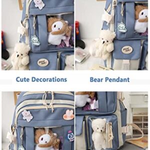 Kawaii Backpack with Cute Pins Aesthetic Accessories, Shoulder Bag with Pencil Bag Waist Bag Set for Girls (Blue, One size)