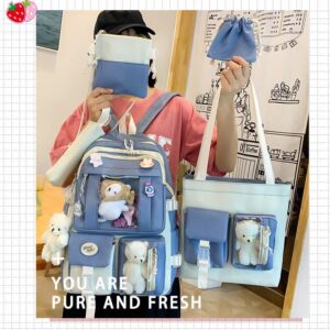 Kawaii Backpack with Cute Pins Aesthetic Accessories, Shoulder Bag with Pencil Bag Waist Bag Set for Girls (Blue, One size)