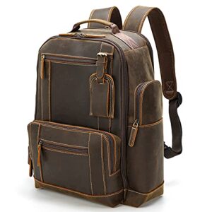 polare vintage full grain leather 15.6 inch laptop backpack for men camping travel daypack rucksack dark brown