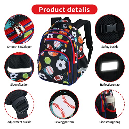 Moonmo School Backpack Kids Bookbag Elementary Preschool Kindergarten Supplies for Boys (Black Ball Games) Large