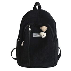 mbvbn stripe cute corduroy backpack student shoulder bag with 3d bear pendant (black) medium