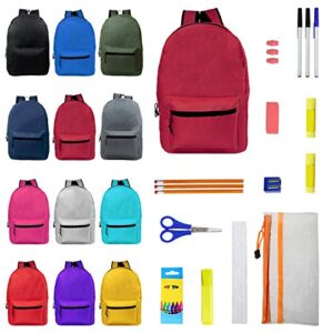 moda west 15 inch bulk backpacks in 12 assorted colors with 22 piece school supply kits – wholesale – case of 24 value bundle pack