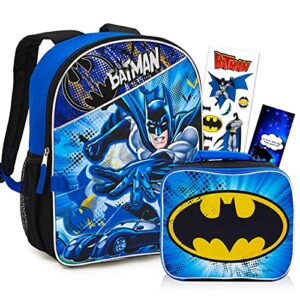 dc comics batman backpack with lunch bag set for boys kids ~ deluxe 16″ batman backpack with insulated lunch box. stickers, and more (batman school supplies bundle)