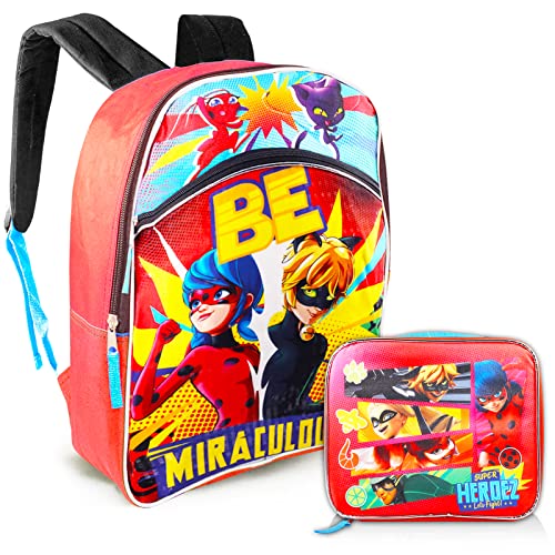 Zagtoon Miraculous Ladybug Backpack and Insulated Lunch Box Set - Bundle with 16'' Miraculous Ladybug School Bag with Lunch Bag (Miraculous Ladybug School Supplies), miraculous ladybug lunch box