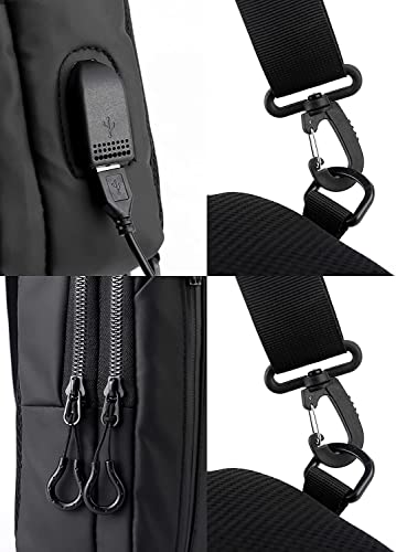 Small Sling Black Crossbody Backpack Shoulder Bag for Men Women, Lightweight One Strap Backpack Sling Bag Backpack for Hiking Walking Biking Travel Cycling USB Charger Port