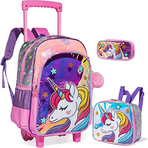 ZBAOGTW Unicorn Rolling Backpack for Girls with Lunch Box Kids Backpack with Wheels for School Sequin Trolley Trip Luggage Rolling Backpack for Kindergarten Girls Elementary School