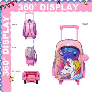 ZBAOGTW Unicorn Rolling Backpack for Girls with Lunch Box Kids Backpack with Wheels for School Sequin Trolley Trip Luggage Rolling Backpack for Kindergarten Girls Elementary School