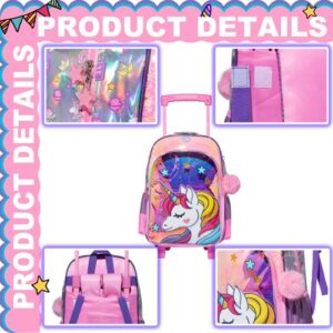 ZBAOGTW Unicorn Rolling Backpack for Girls with Lunch Box Kids Backpack with Wheels for School Sequin Trolley Trip Luggage Rolling Backpack for Kindergarten Girls Elementary School