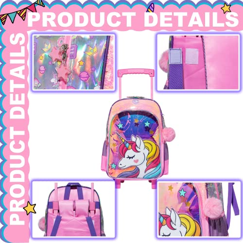 ZBAOGTW Unicorn Rolling Backpack for Girls with Lunch Box Kids Backpack with Wheels for School Sequin Trolley Trip Luggage Rolling Backpack for Kindergarten Girls Elementary School