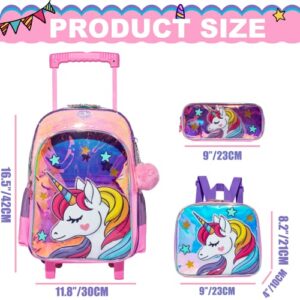 ZBAOGTW Unicorn Rolling Backpack for Girls with Lunch Box Kids Backpack with Wheels for School Sequin Trolley Trip Luggage Rolling Backpack for Kindergarten Girls Elementary School