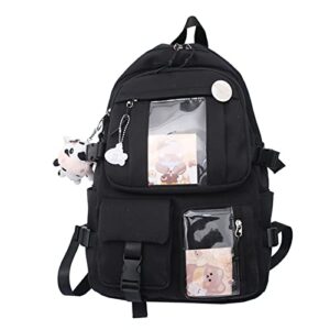 kawaii multi-pocket backpack with kawaii pin and accessories, for teen girls school bag aesthetic backpack, black, 12.2*16.9*5.1 in