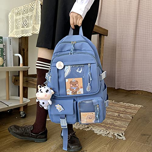 Kawaii Multi-Pocket Backpack with Kawaii Pin and Accessories, for Teen Girls School Bag Aesthetic Backpack, Black, 12.2*16.9*5.1 In