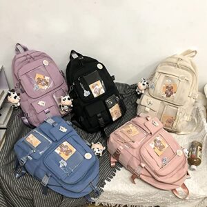 Kawaii Multi-Pocket Backpack with Kawaii Pin and Accessories, for Teen Girls School Bag Aesthetic Backpack, Black, 12.2*16.9*5.1 In