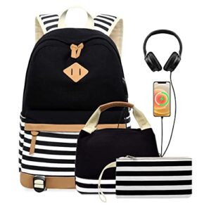 wuudwalk canvas stripe backpacks sets casual bag with usb charging port for girls teens school boopacks with lunch bag and pencil bag (3pcs-backpack set)